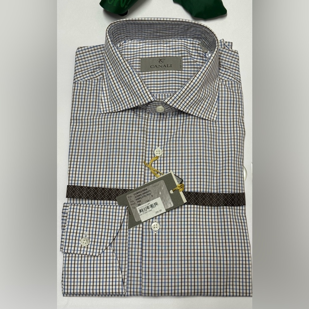 Canali Men's Blue and White Micro-Check Dress Shirt